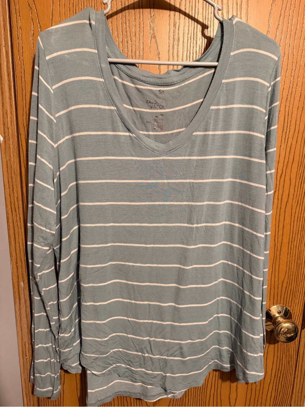 SO Light Blue and White Striped V-Neck Long Sleeve Top
